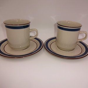 2 Vintage Stoneware Journey Blue Tea Cups & Saucers Sets Cream Brown Japan